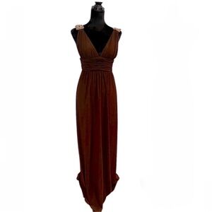 Elegant Brown Evening Gown Sleeveless Gold Bead Details Size Small